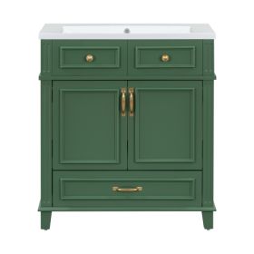 30 Inch Bathroom Vanity With Resin Sink, Solid Wood Frame Bathroom Storage Cabinet With Soft Close Door, Vintage Style, Green