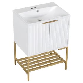 24 Inches Bathroom Vanity With Two Doors And Gold Metal Frame, Open Storage Shelves, White