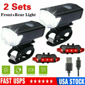 2 Sets USB Rechargeable LED Bicycle Headlight Bike Front Rear Lamp Cycling US