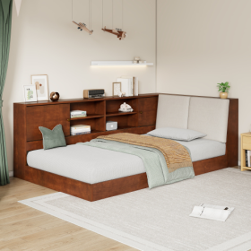 Wooden Twin Size L-shaped Daybed Floor Corner Bed With Storage Bookcase And Upholstered Headboard And USB Charging Ports For Limited Space