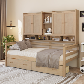 Twin Size Wooden Storage Daybed Frame With Bookcase Headboard And Two Under-bed Drawers For Bedroom Living Room, No Box Spring Needed,Natural