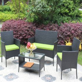 4 PC Rattan Patio Furniture Set Outdoor Patio Cushioned Seat Wicker Sofa Green Cushion