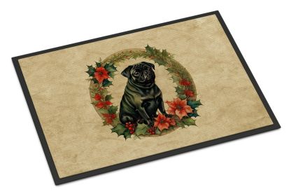 Pug Christmas Flowers Doormat Front Door Mat Indoor Outdoor Rugs for Entryway, Non Slip Washable Low Pile, 24H X 36W