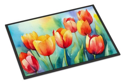 Tulips in Watercolor Doormat Front Door Mat Indoor Outdoor Rugs for Entryway, Non Slip Washable Low Pile, 24H X 36W