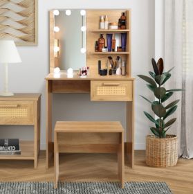 Vanity Desk Set Stool & Dressing Table With LED Lighting Mirror Drawer And Compartments Modern Wood Cosmetic Table Chest Of Drawers Nature Color