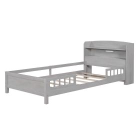 Wooden Double Platform Bed With Built-in LED Lights, Storage Headboard And Guardrails, Antique Grey