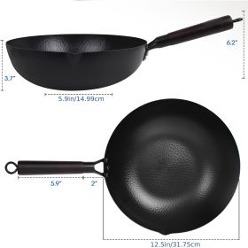 Hammered Carbon Steel 12.5-Inch Wok Pan With Lid, Black, Non-Stick, Compatible With Most Cooktops