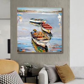 Hand Painted Oil Painting Canoe oil Paintings Nordic Seascape-Hand-Painted- Colorful Boats Oil Painting-Wall Art Handmade- For Home Decoration (size: 70x70cm, Style: 01)